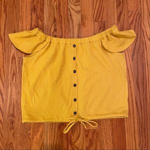 Madewell mustard yellow off-shoulder top with buttons and tie at waist